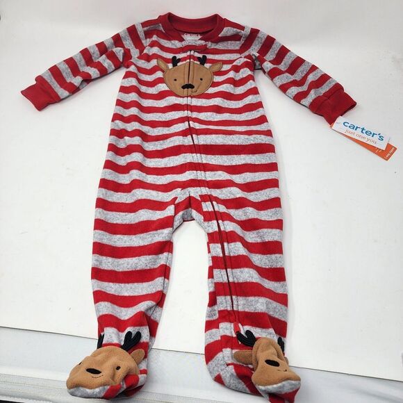 Carter's Just One You 9 Month Unisex Reindeer Striped Fleece Footed Pajama New - Picture 11 of 11